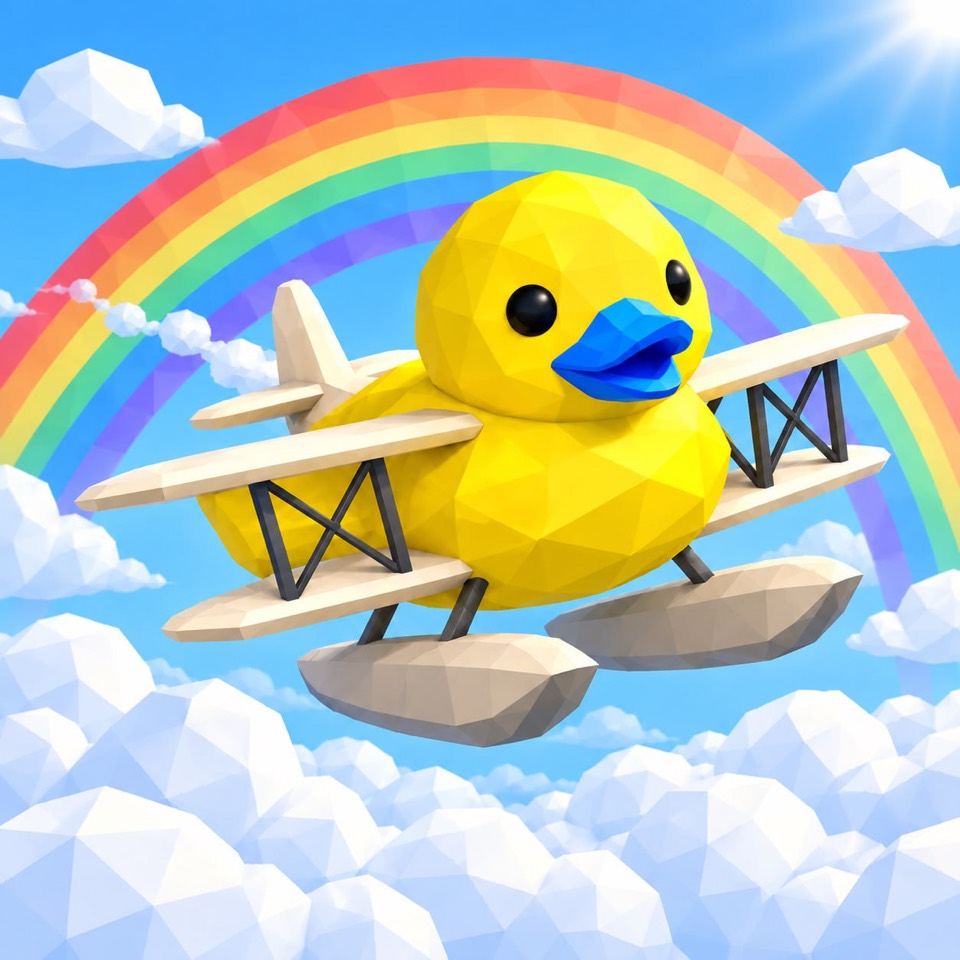 Bluebill flying above clouds beneath a giant rainbow