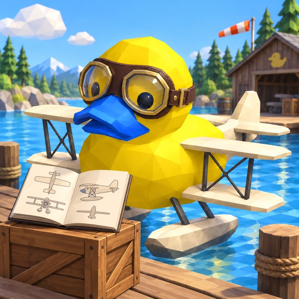 Bluebill wearing pilot goggles beside an open aircraft sketchbook
