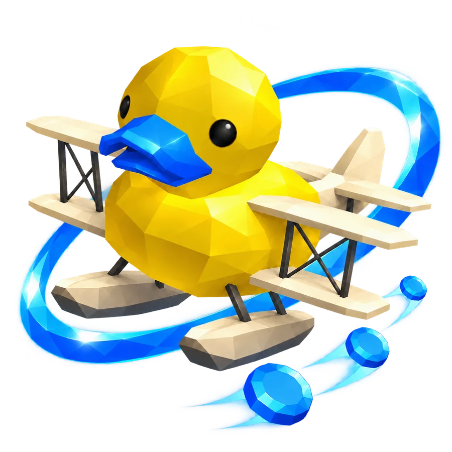 Bluebill duck-seaplane flying through a blue orbit with token-like discs